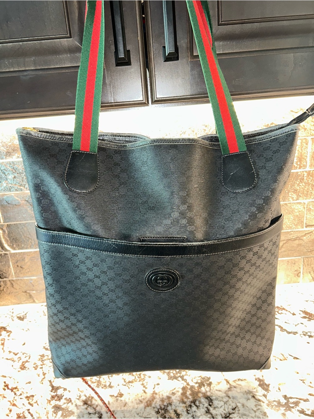 Gucci Black GG Canvas Zip Tote with Green and Red Web Straps EUC